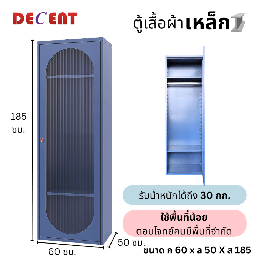 ตู้เสื้อผ้าเหล็ก บานเปิด 1 ประตู DECENT รุ่นมินิ สีฟ้าคราม 60ซม._2